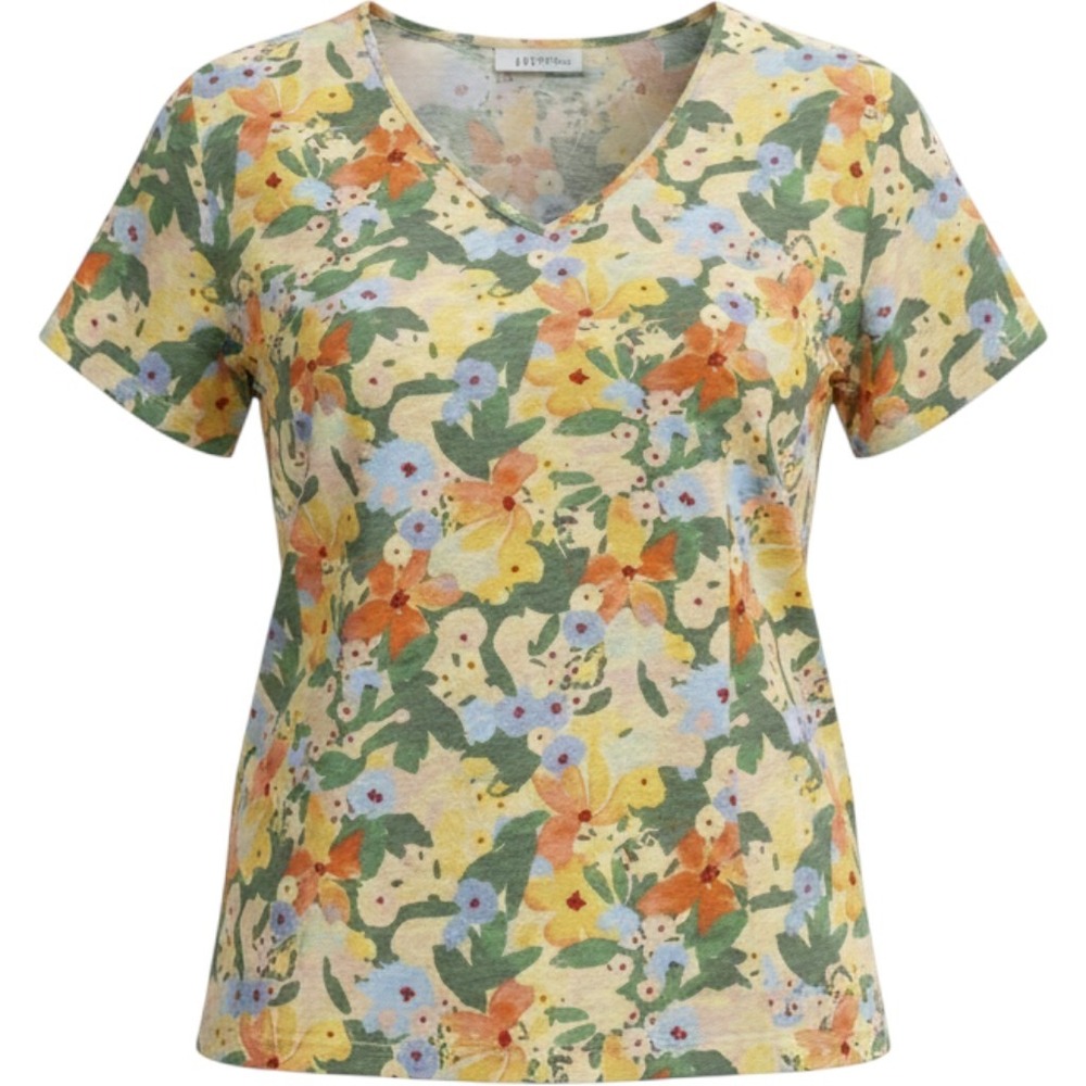 L.L.Bean Floral V-Neck Short Sleeve Top Blouse Womens‎ 3X Plus Yellow Green Blue